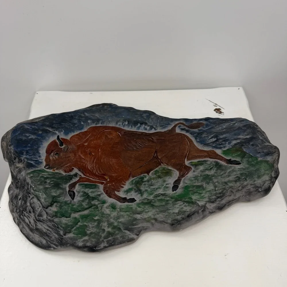 VTG Painted Buffalo Bison Relief Wall Plaque 9x5 Hand Painted Plaster Art Decor